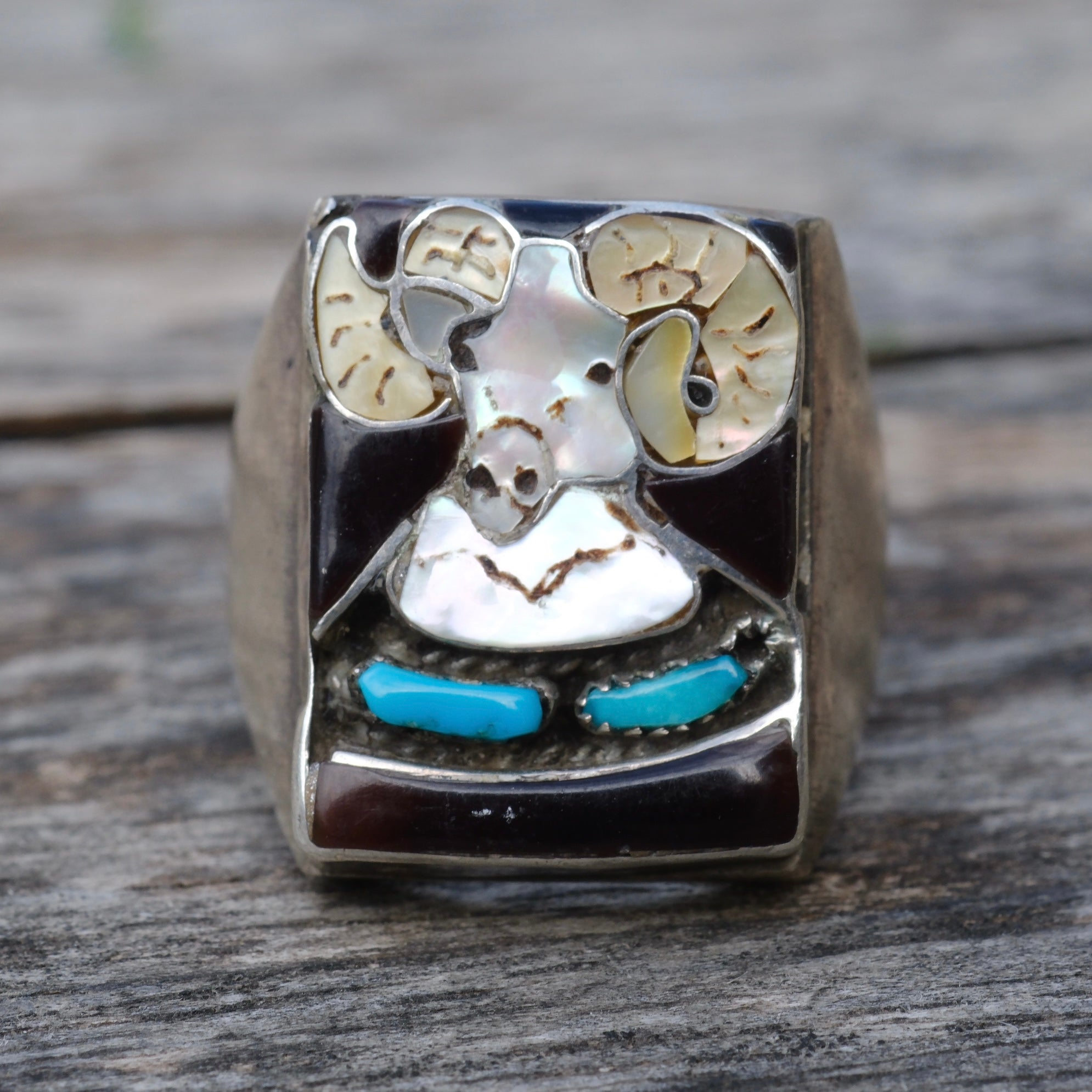 RARE 1960's Vintage Sterling Ram Inlay Ring 10.75