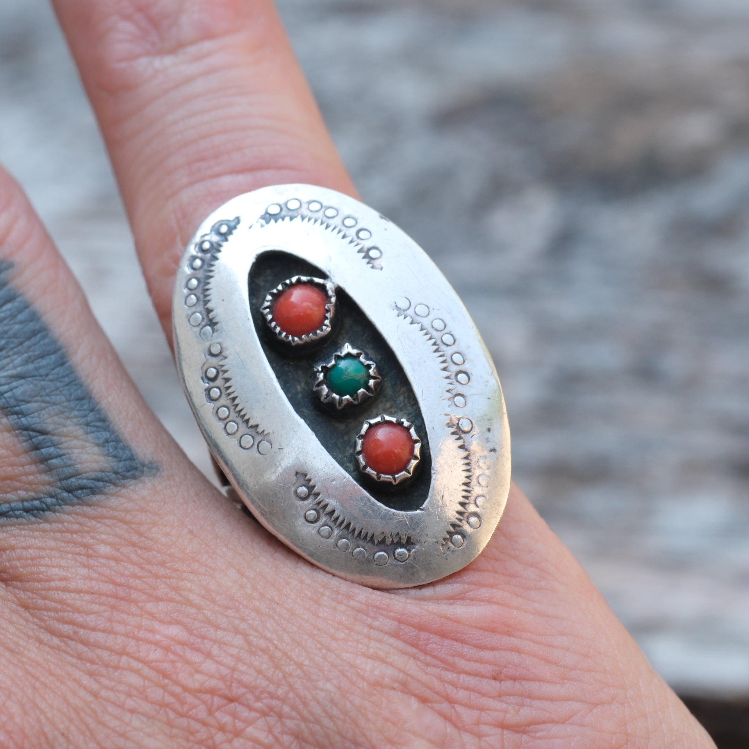 Vintage Sterling Coral and Turquoise Stamped Shadowbox Ring 6.5