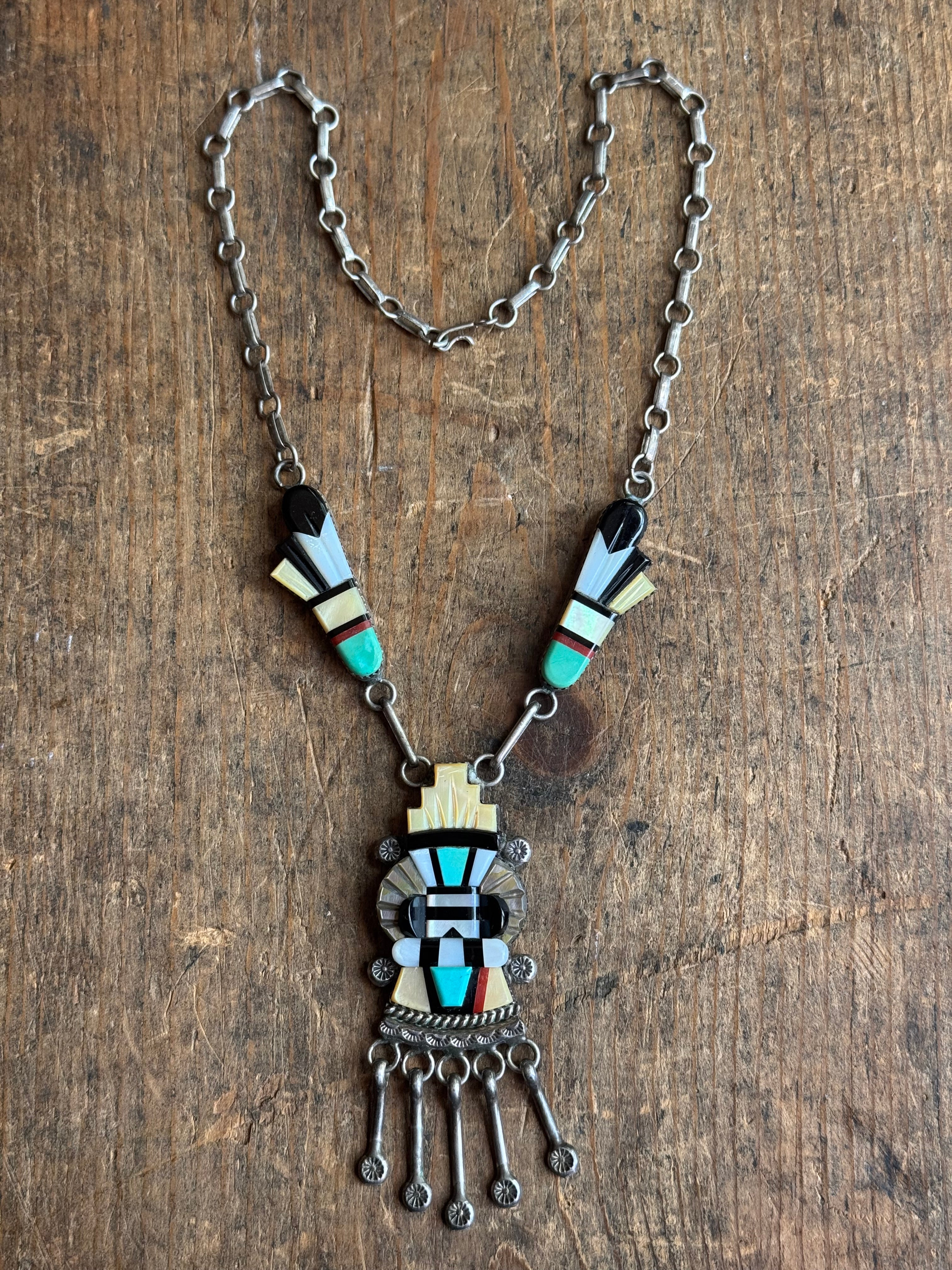 Vintage Sterling Silver Multistone Inlay DEWA Zuni Necklace