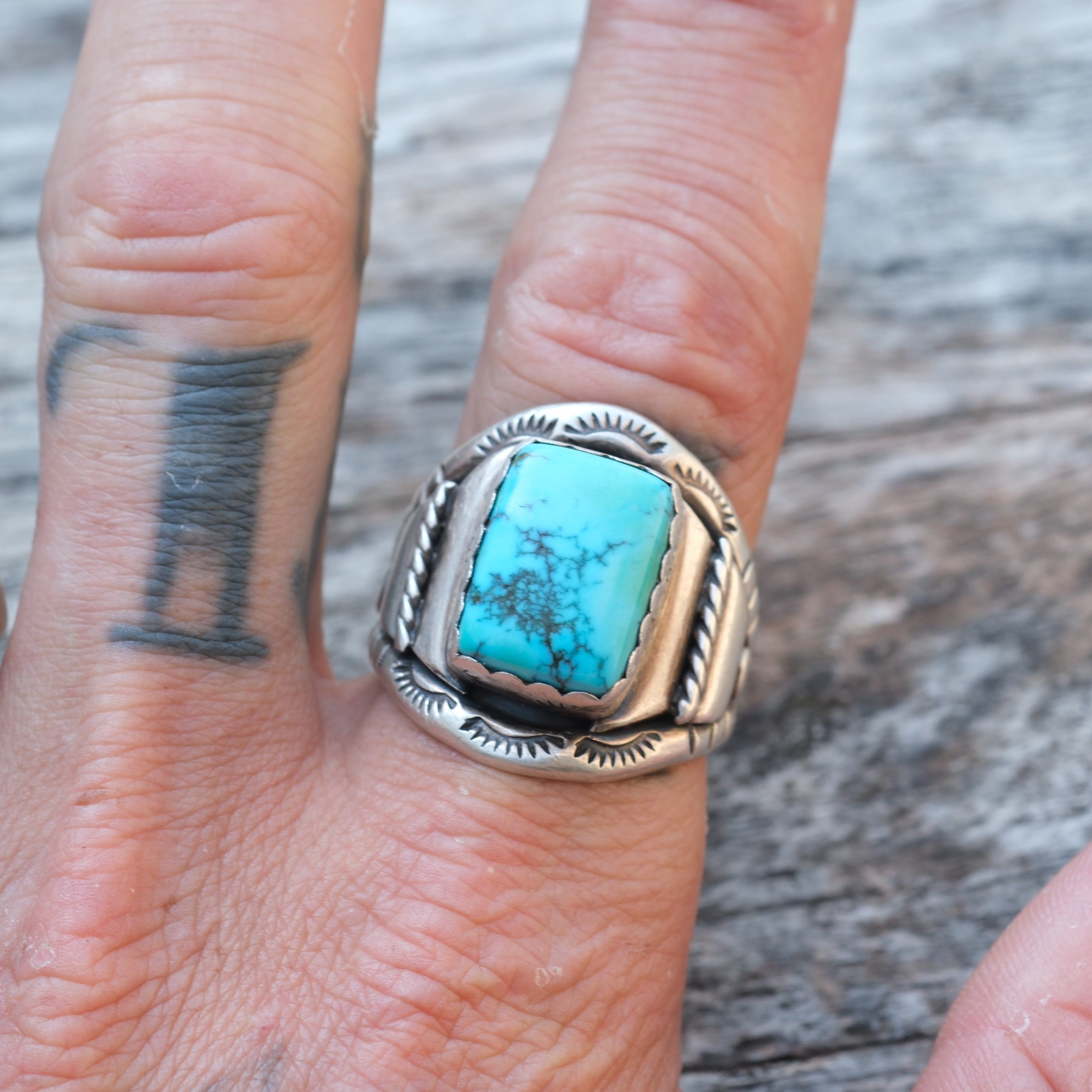 Vintage Sterling Turquoise Stamped Ring 11