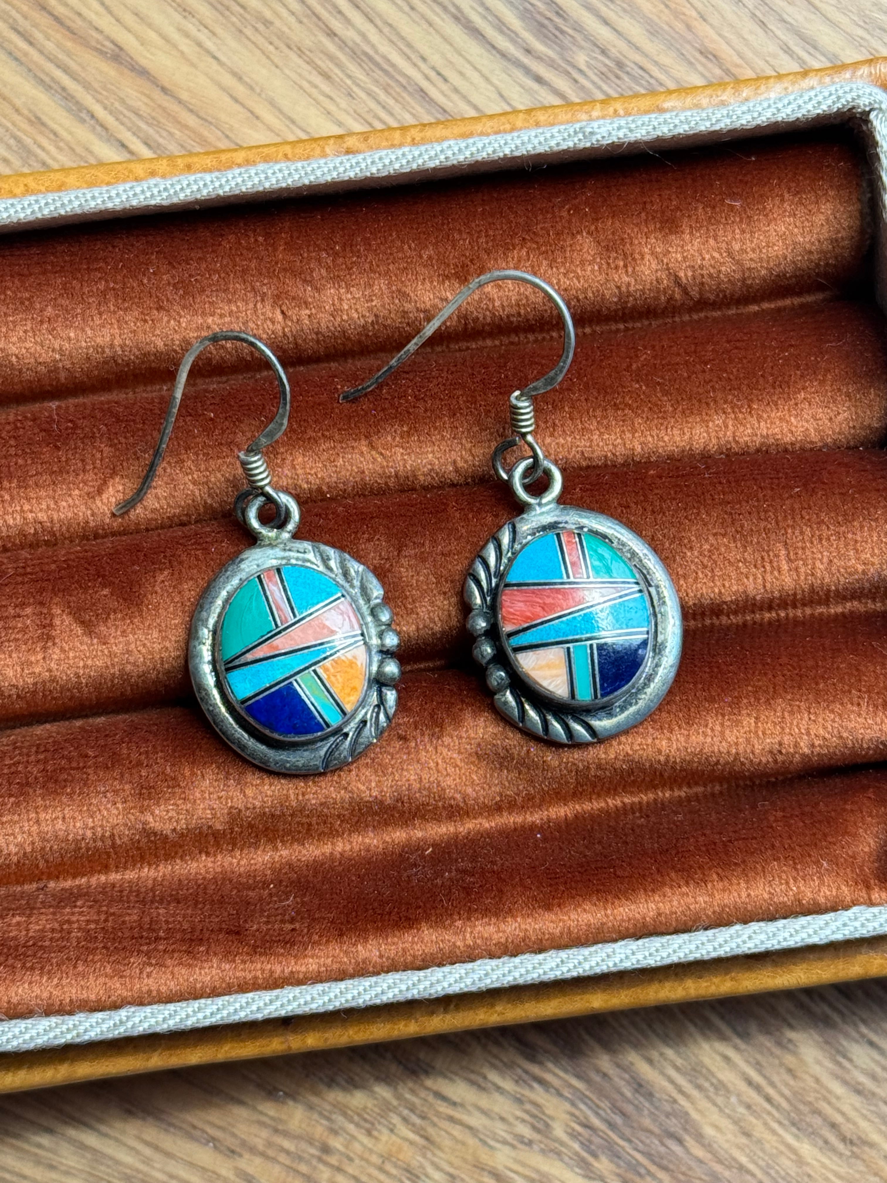 Vintage Sterling Silver Multistone Inlay Southwestern Earrings