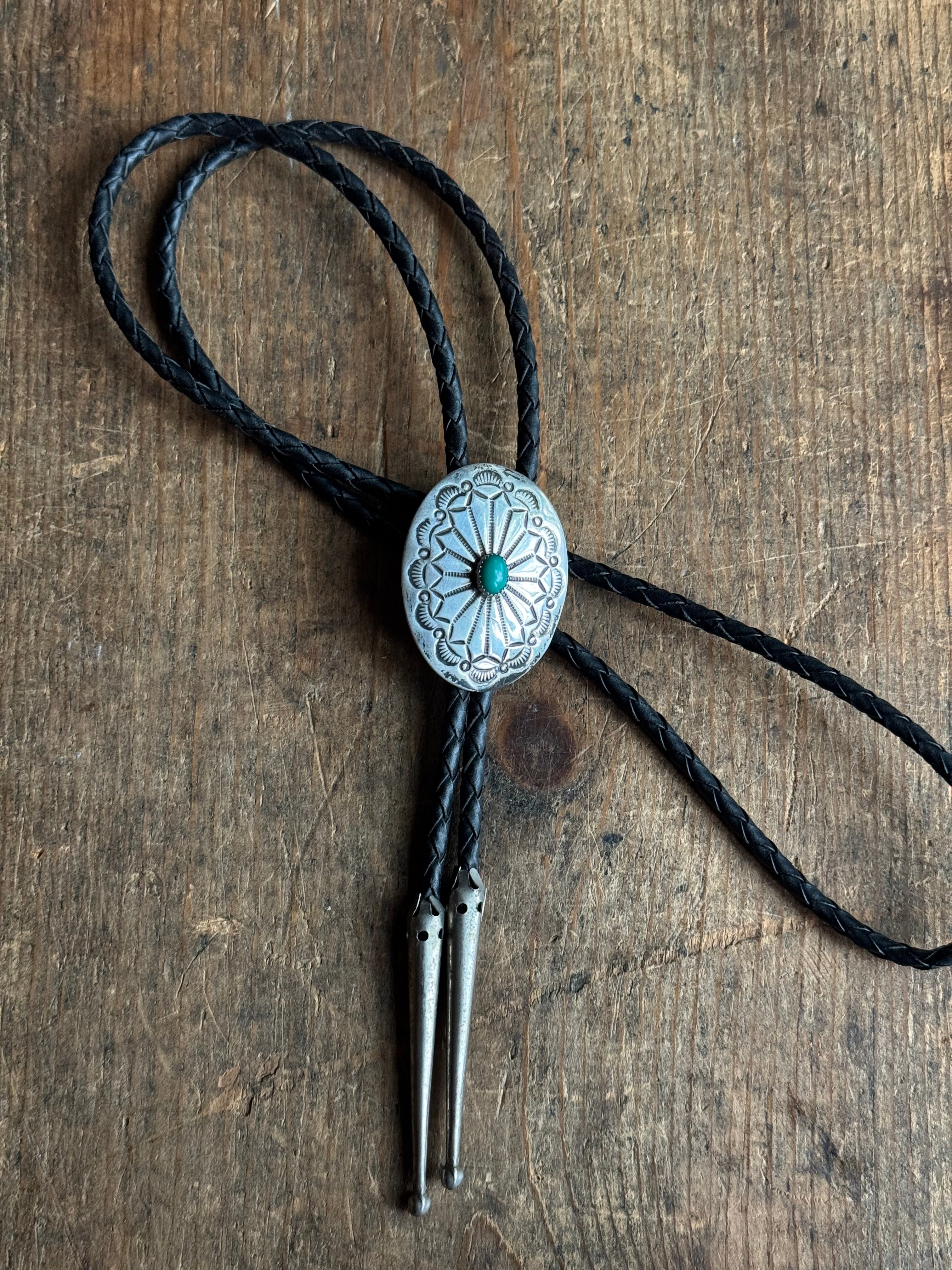 Vintage Sterling Silver Stamped Turquoise Concho Bolo