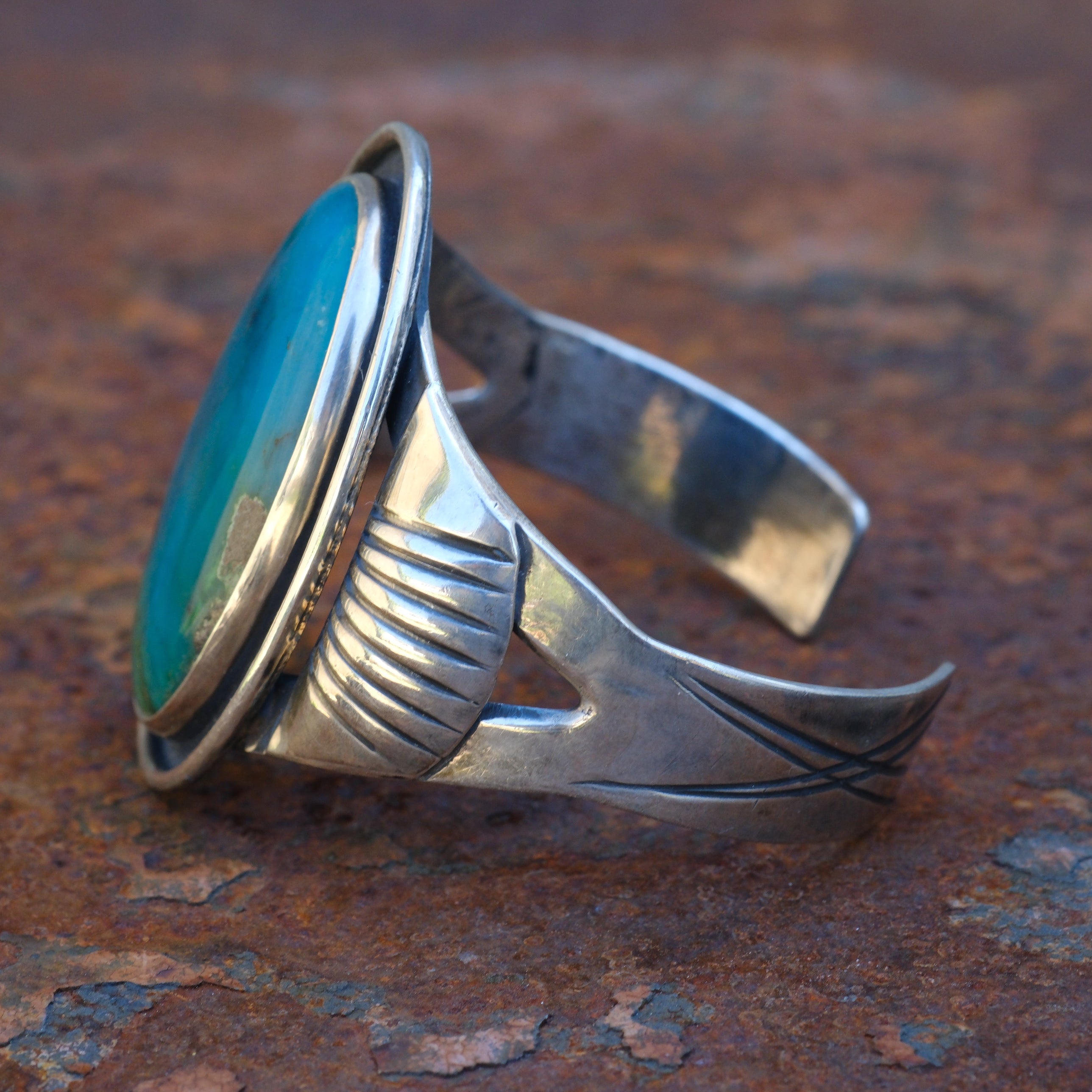 Vintage Sterling Turquoise Ribbed Cuff Bracelet