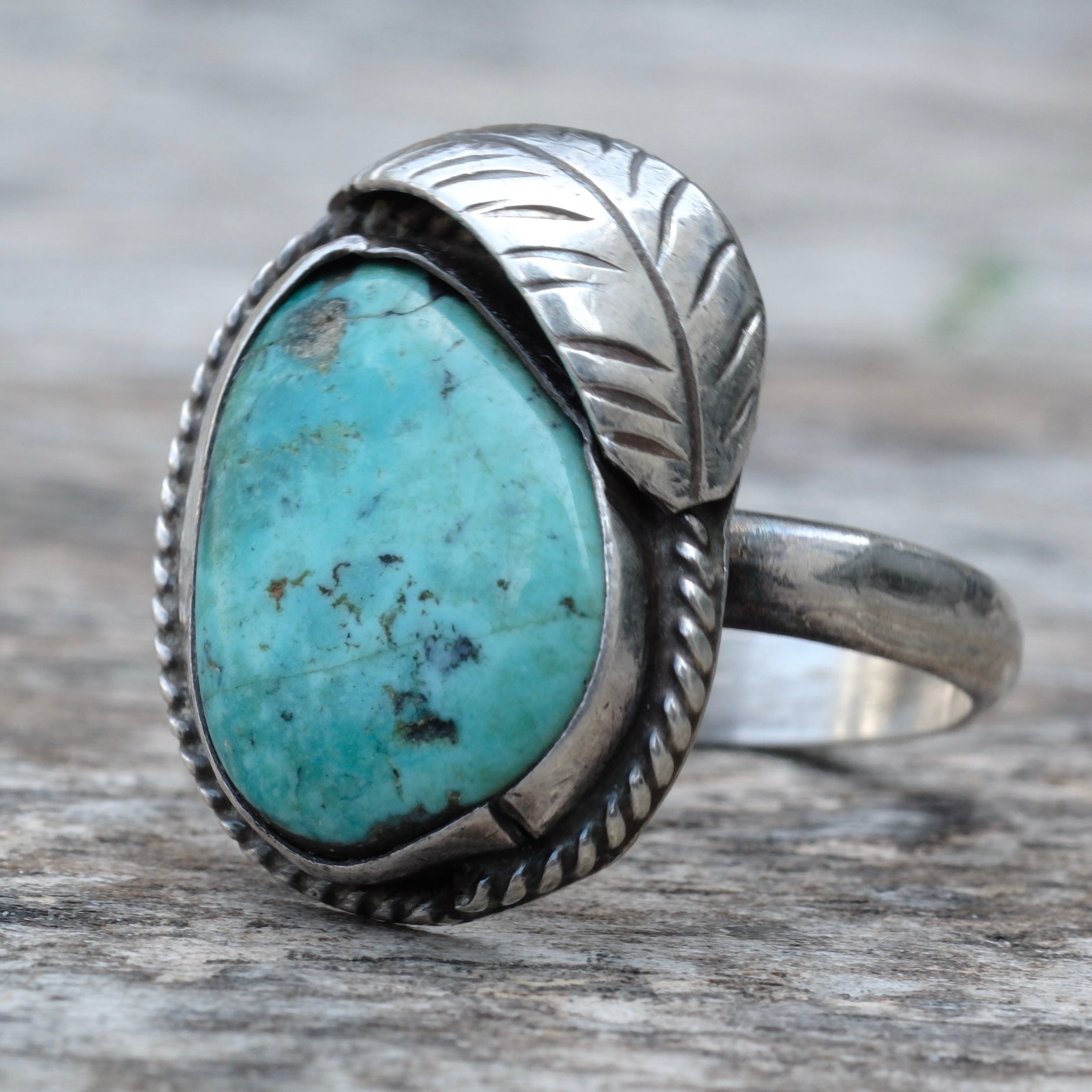 Vintage Sterling Turquoise Feather Ring 9.5