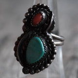 Vintage Sterling Turquoise and Coral Feather Ring 6.75