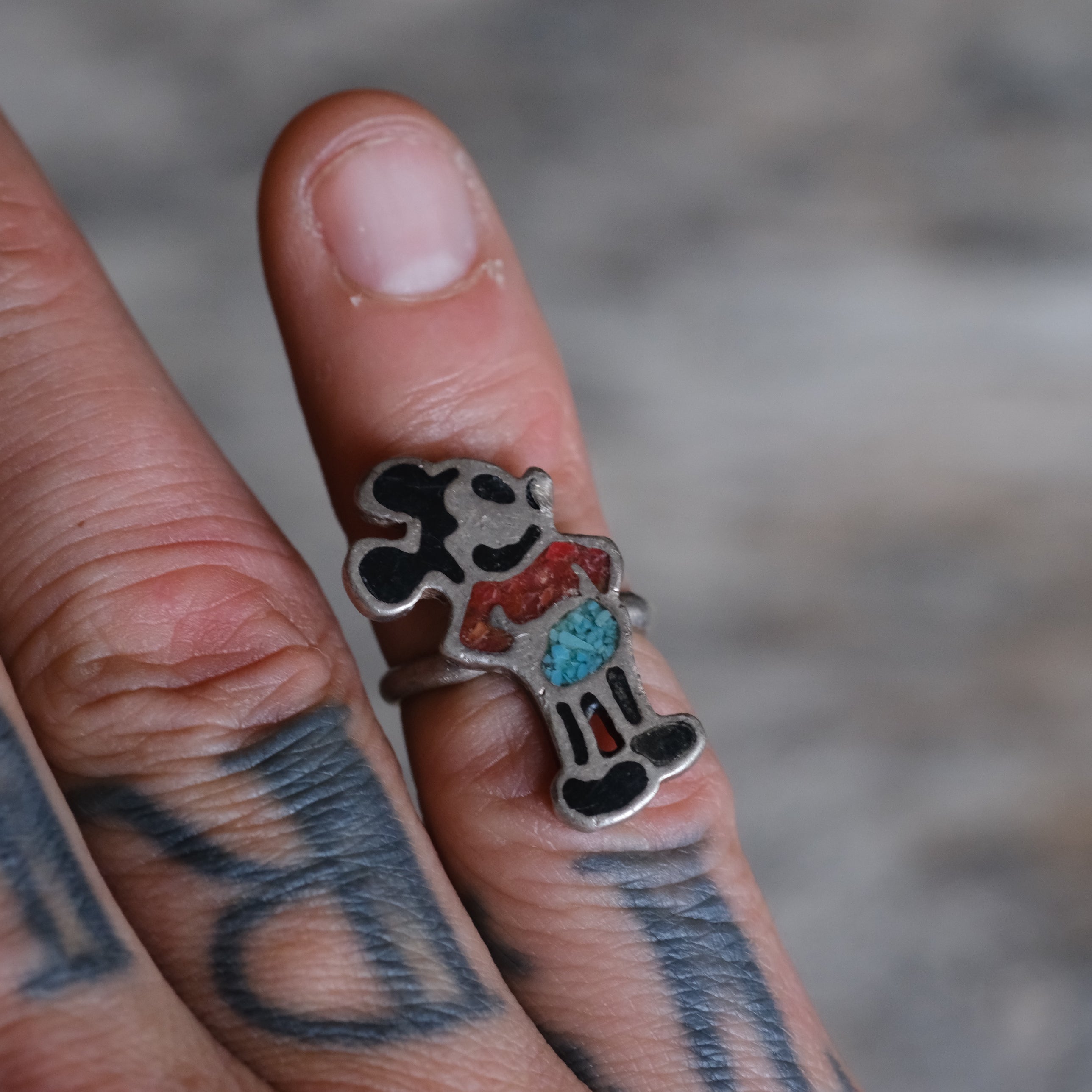 Vintage Sterling Multistone Inlay Mickey Ring 3.75
