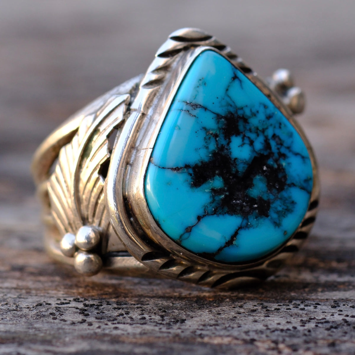 Vintage Sterling Chunky Turquoise Feather Ring 10.75