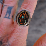 Vintage Sterling Turquoise and Coral Inlay Chip Ring 10.25