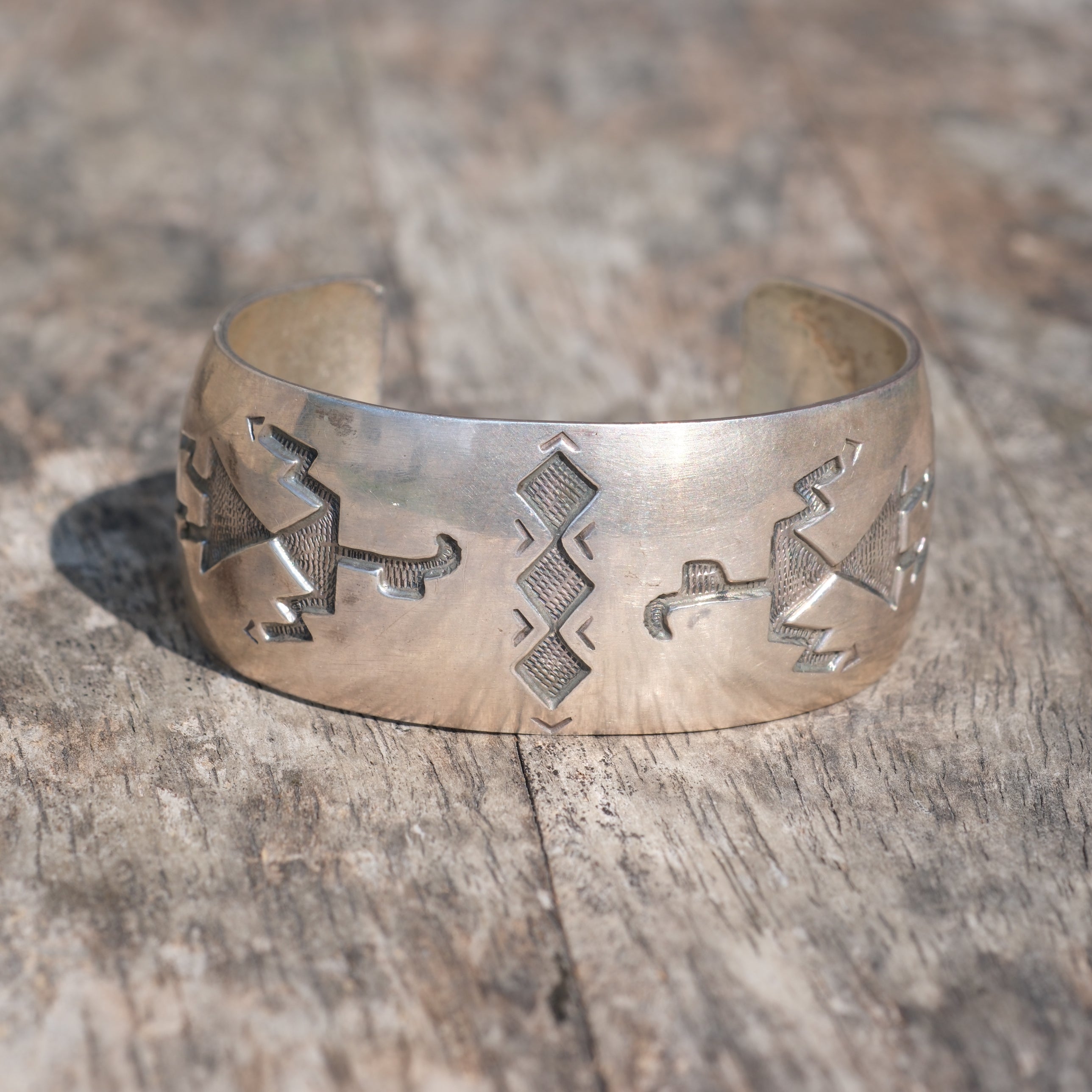 Vintage Sterling Silver Yei Etched M. Thomas Navajo Cuff