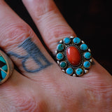 Vintage Sterling Turquoise and Coral Cluster Ring 5.75