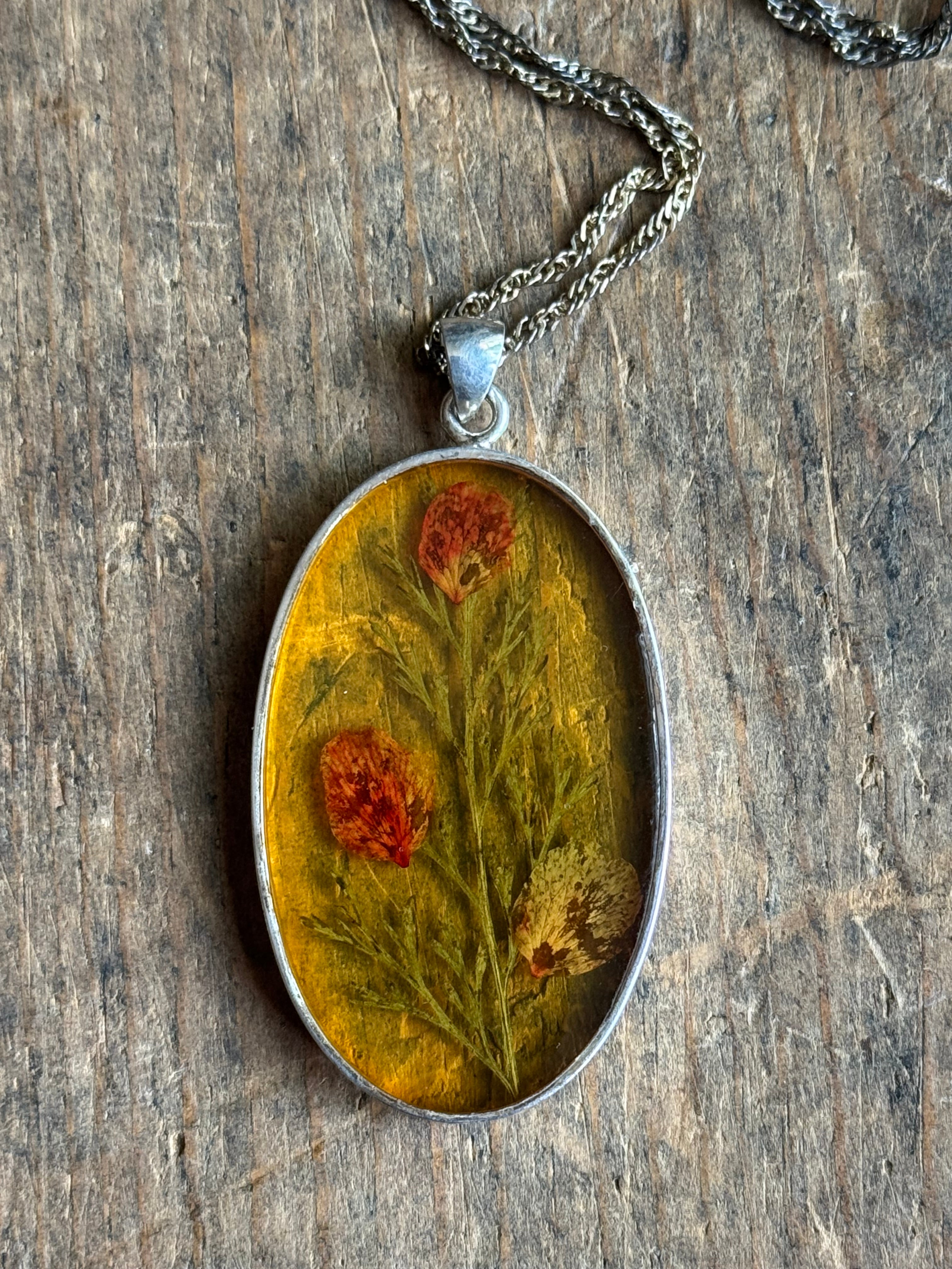 Vintage Sterling Silver Resin Pressed Flower Necklace