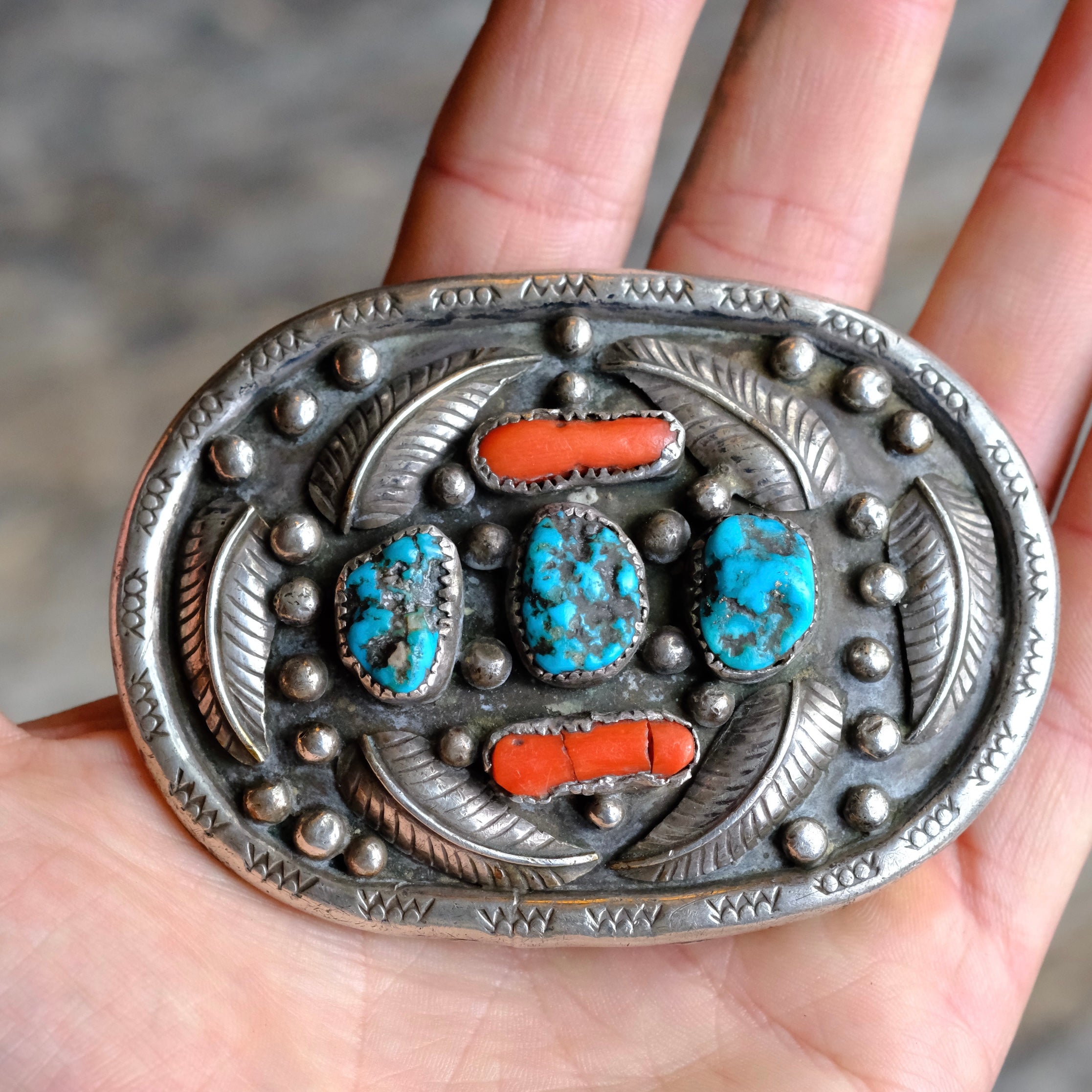 Vintage Sterling Turquoise and Coral Belt Buckle