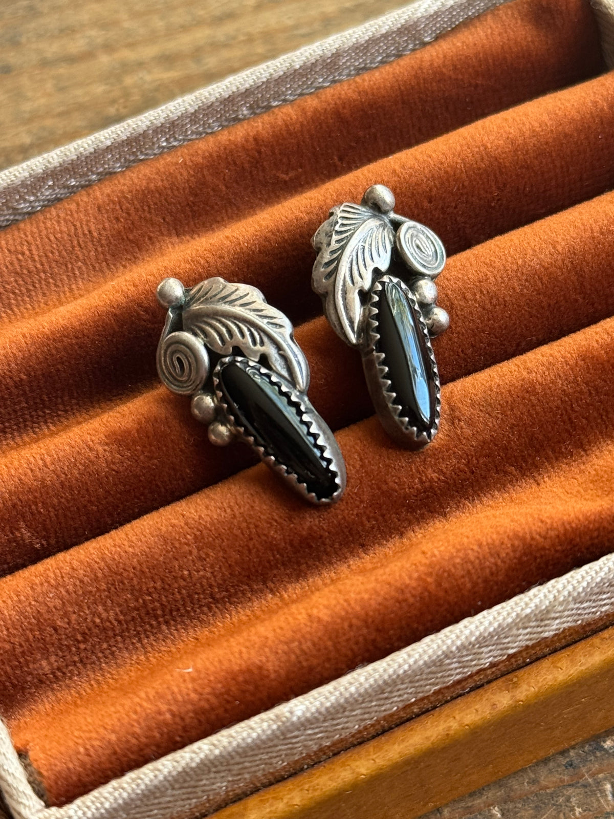 Vintage Sterling Silver Onyx Feather Earrings
