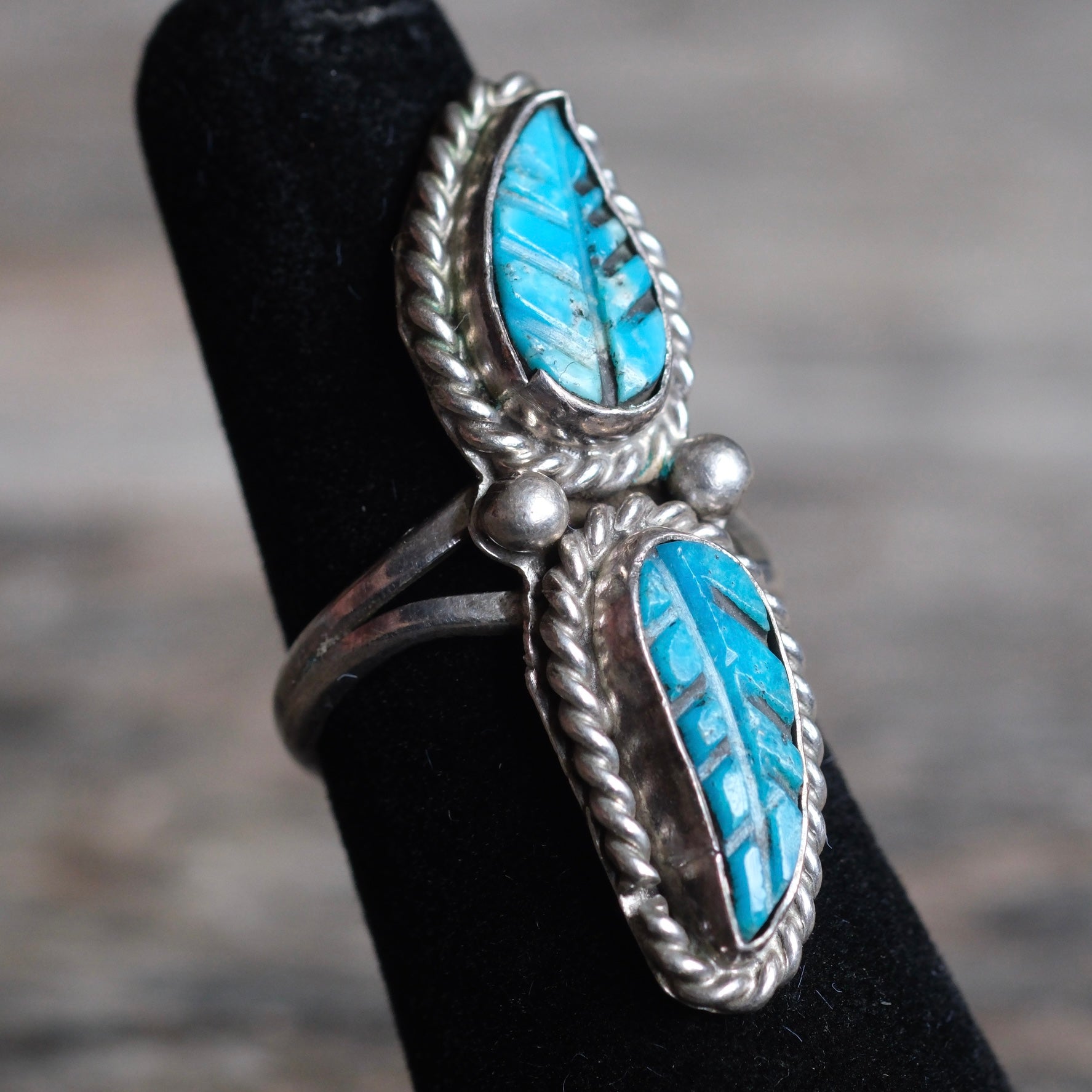Vintage Sterling Carved 2-Stone Turquoise Ring 5.75
