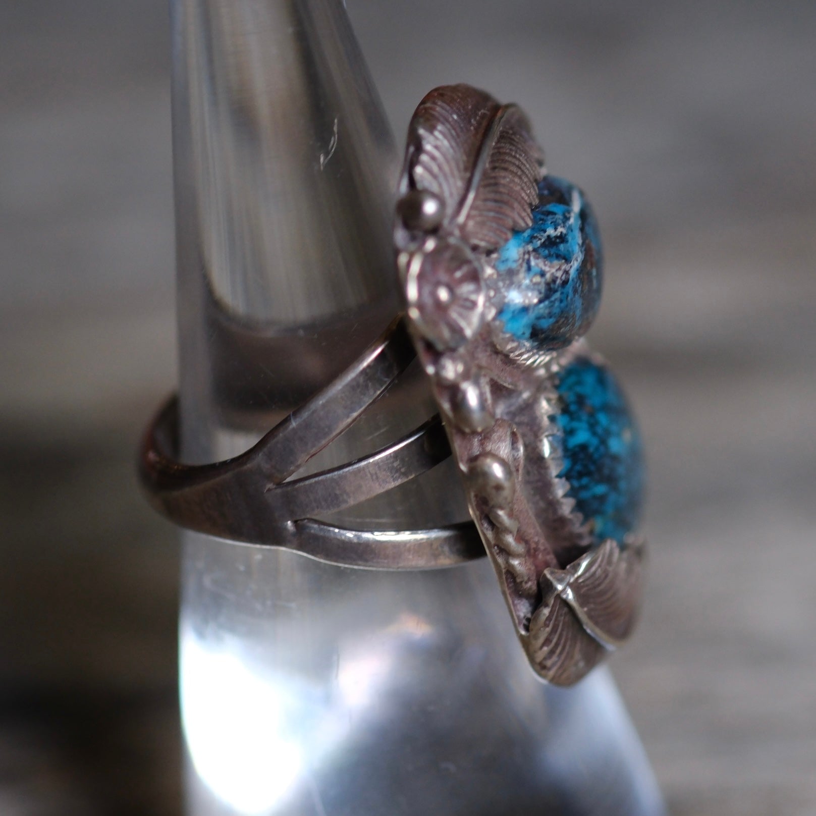 Vintage Sterling 2-Stone Matrix Turquoise Feather Ring 5.25