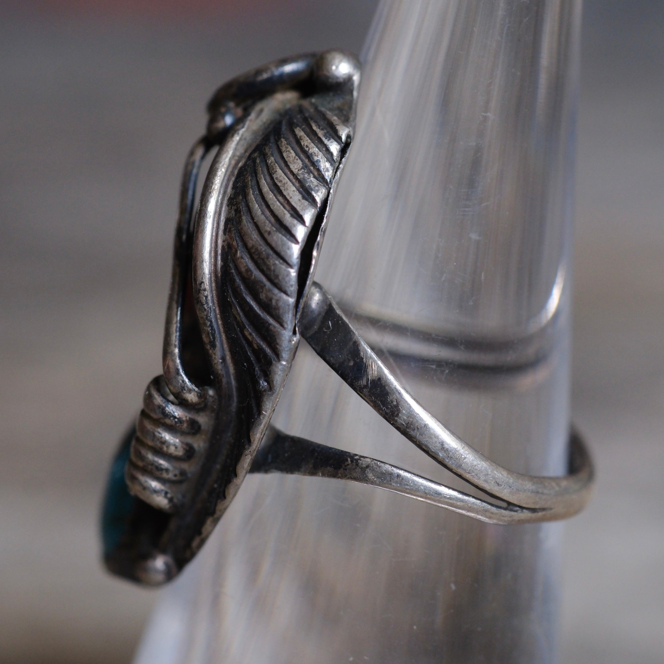 Vintage Sterling Turquoise and Coral Feather Ring 5.5