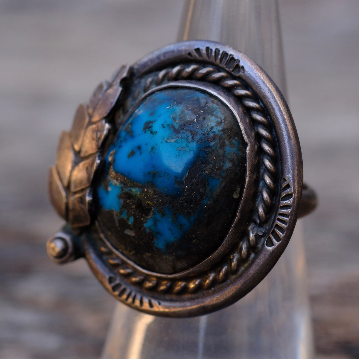 Vintage Sterling Bisbee Turquoise Roper Feather Ring 6