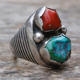 Vintage Sterling Turquoise and Coral Ring 9.25