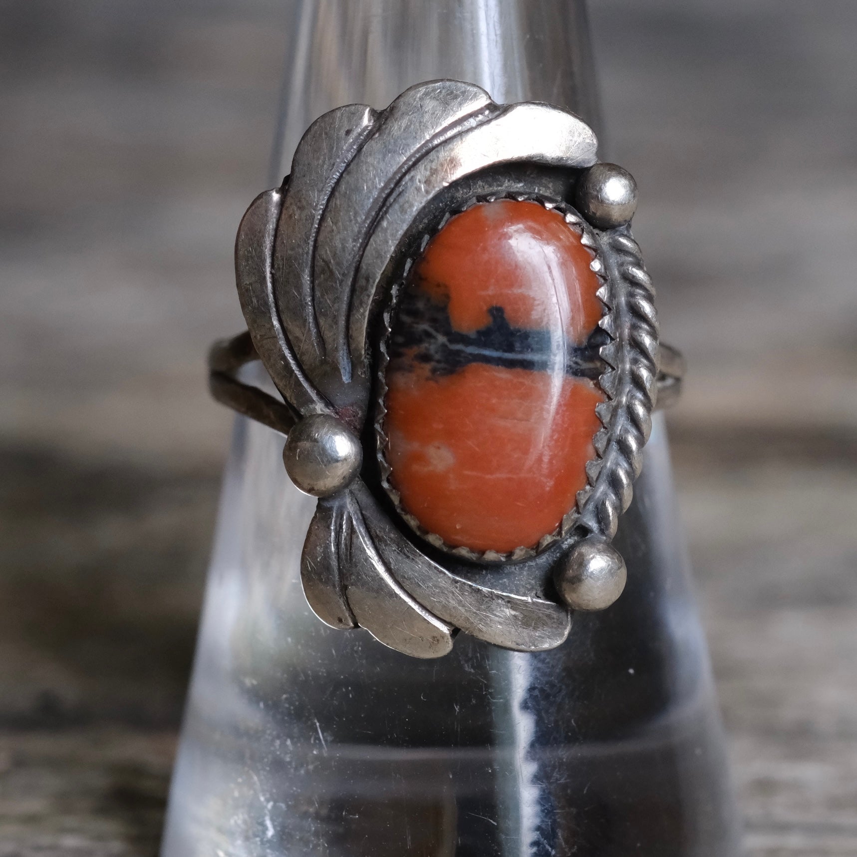 Vintage Sterling Petrified Wood Feather Ring 8