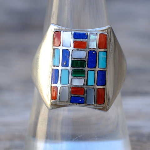 Vintage Sterling Multistone Inlay Panel Ring 8.5