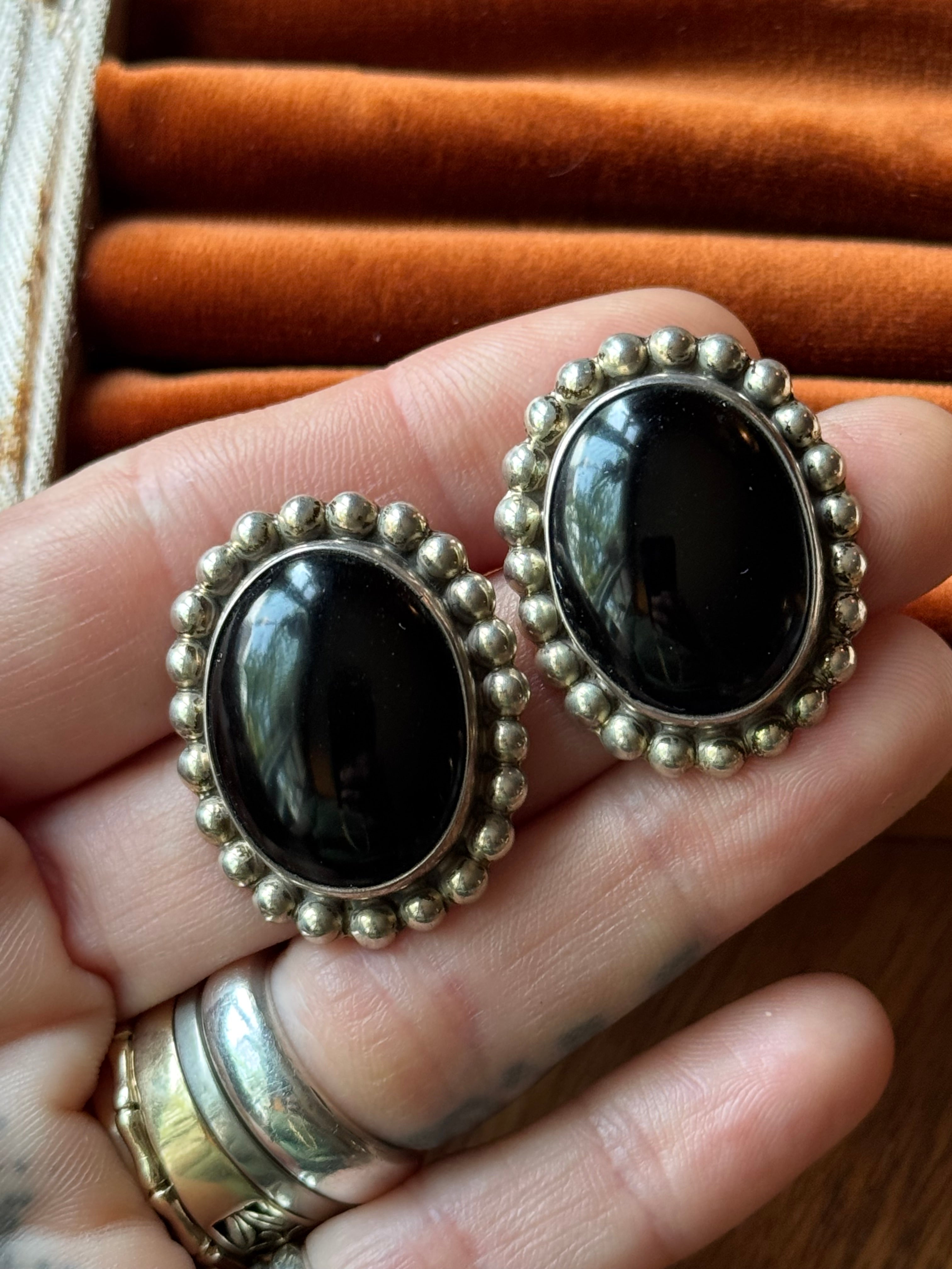 Vintage Sterling Silver Onyx Beaded Earrings