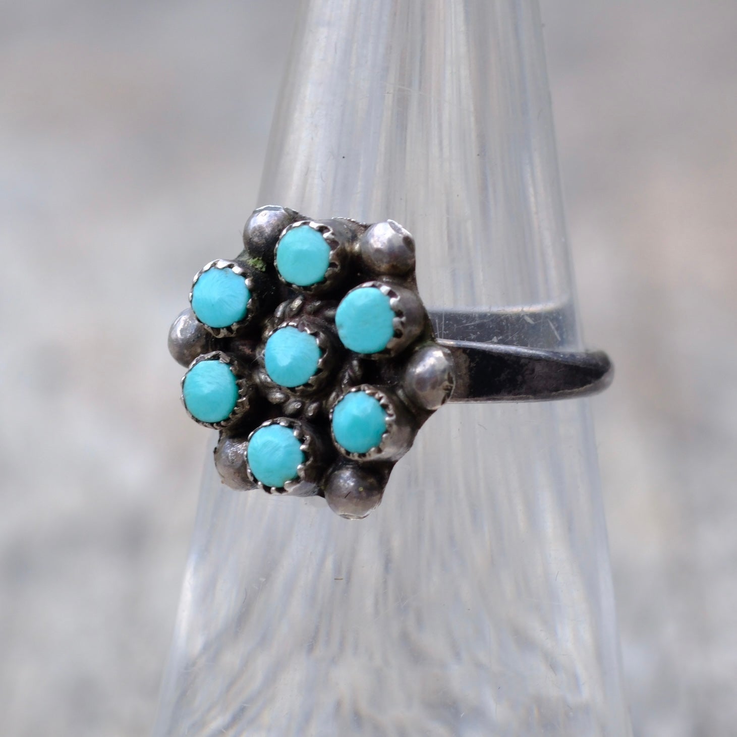 Vintage Sterling Silver Turquoise Petit Point Flower Ring 5.5