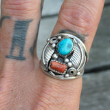 Vintage Sterling Turquoise and Coral Feather Ring 10.5