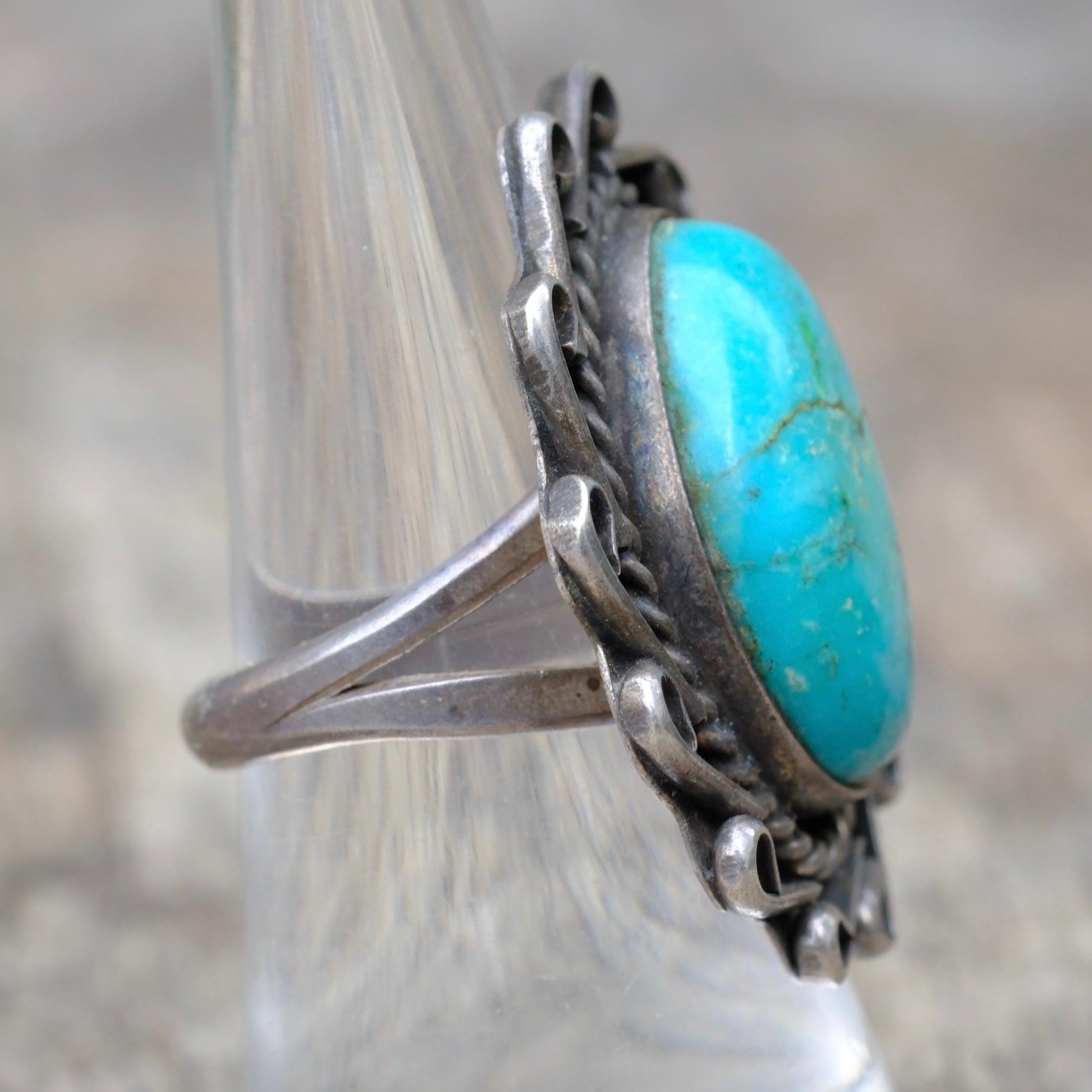 Vintage Sterling Turquoise Florette Ring 7.75