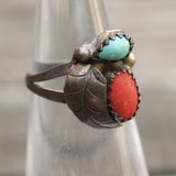 Vintage Sterling Turquoise and Coral Feather Ring 4.5