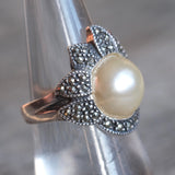 Vintage Sterling Pearl Marcasite Ring 7.5