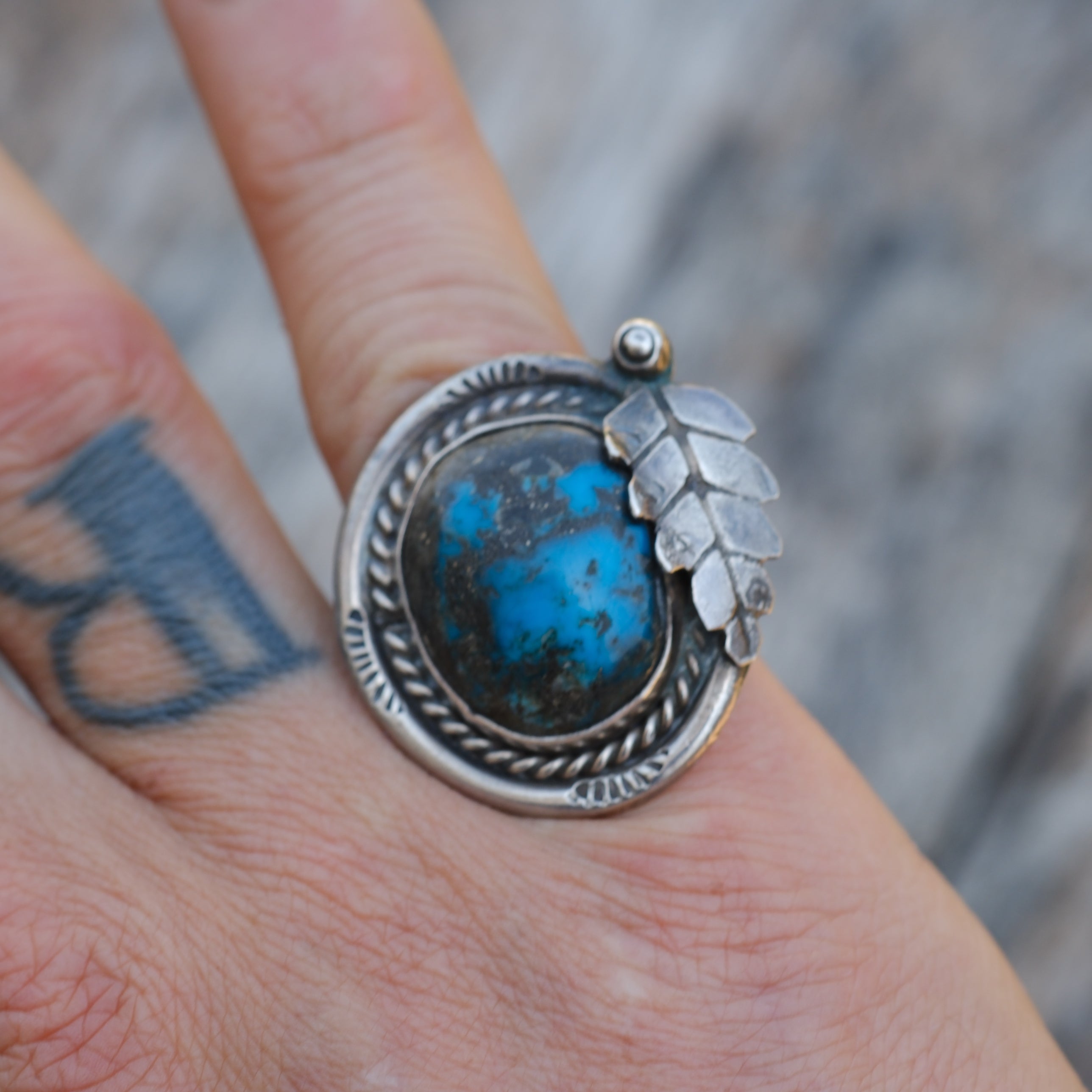 Vintage Sterling Turquoise Feather Ring 5.75