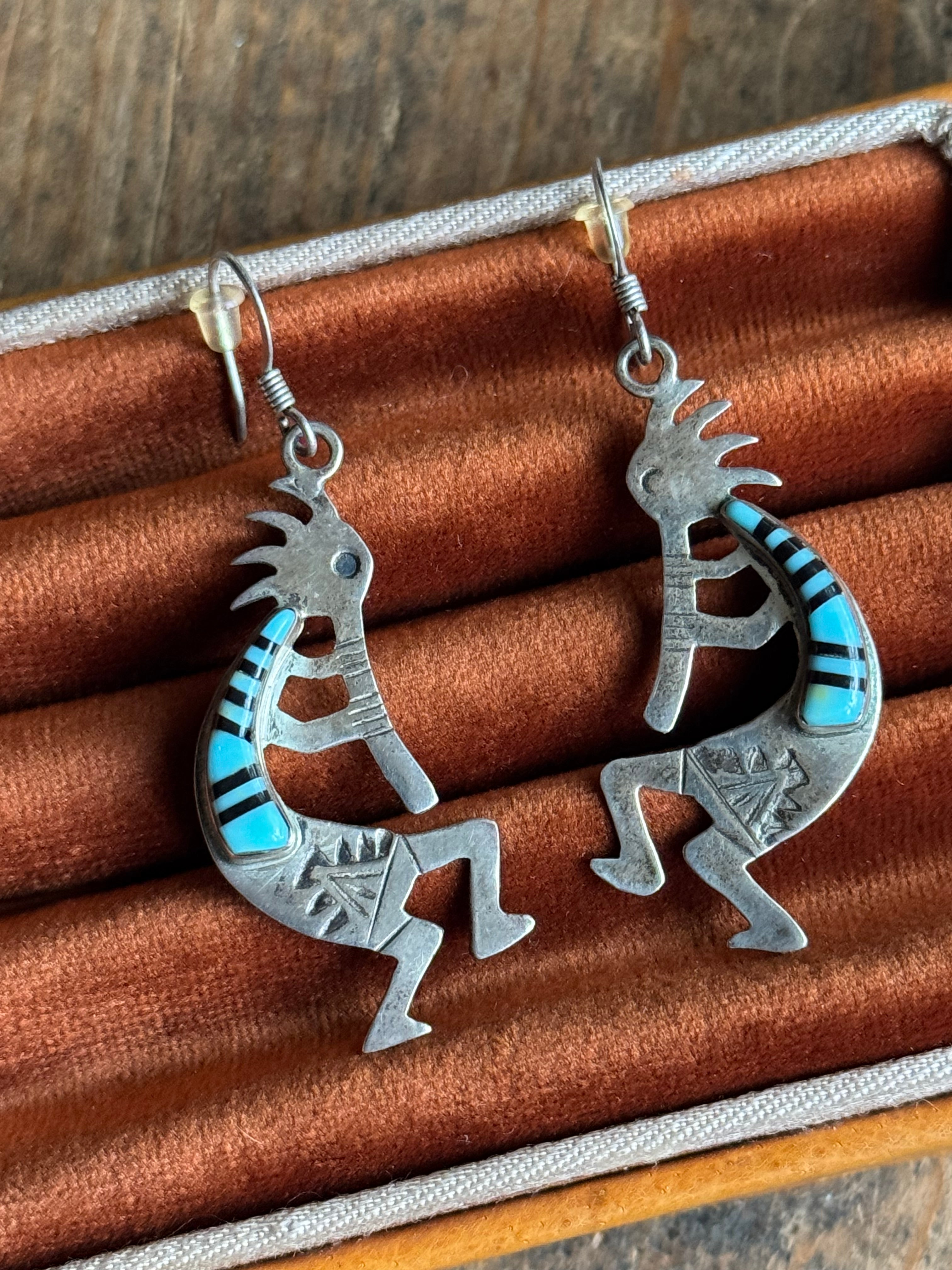 Vintage Sterling Silver Multistone Inlay Kokopelli Earrings