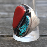 Chunky Vintage Sterling Turquoise and Coral Ring 11.75