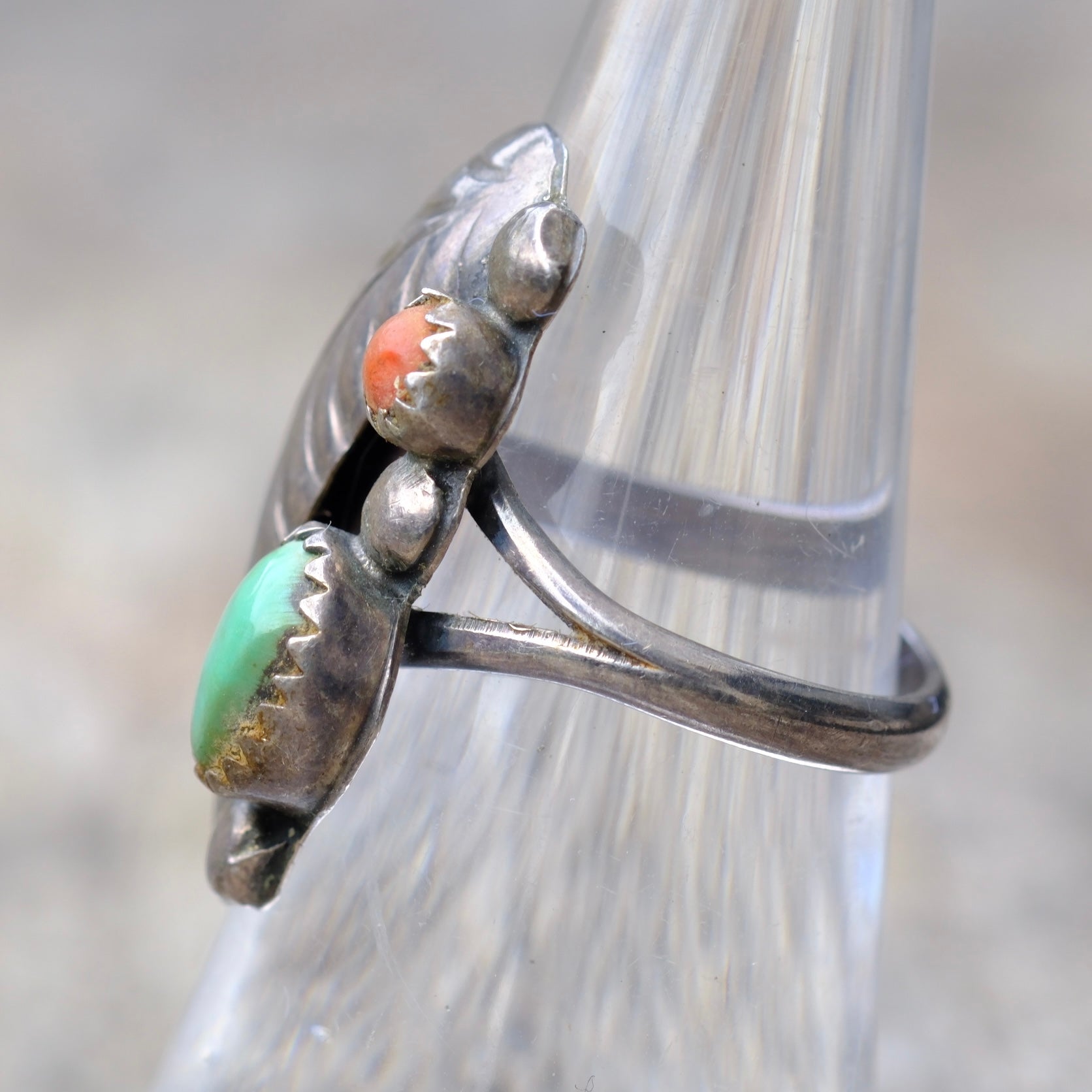 Vintage Sterling Turquoise and Coral Feather Ring 5.75