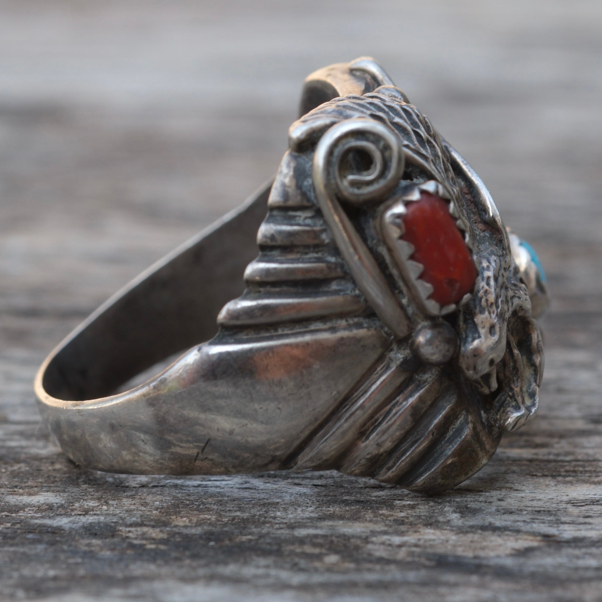 Vintage Sterling Turquoise and Coral Eagle Ring 12