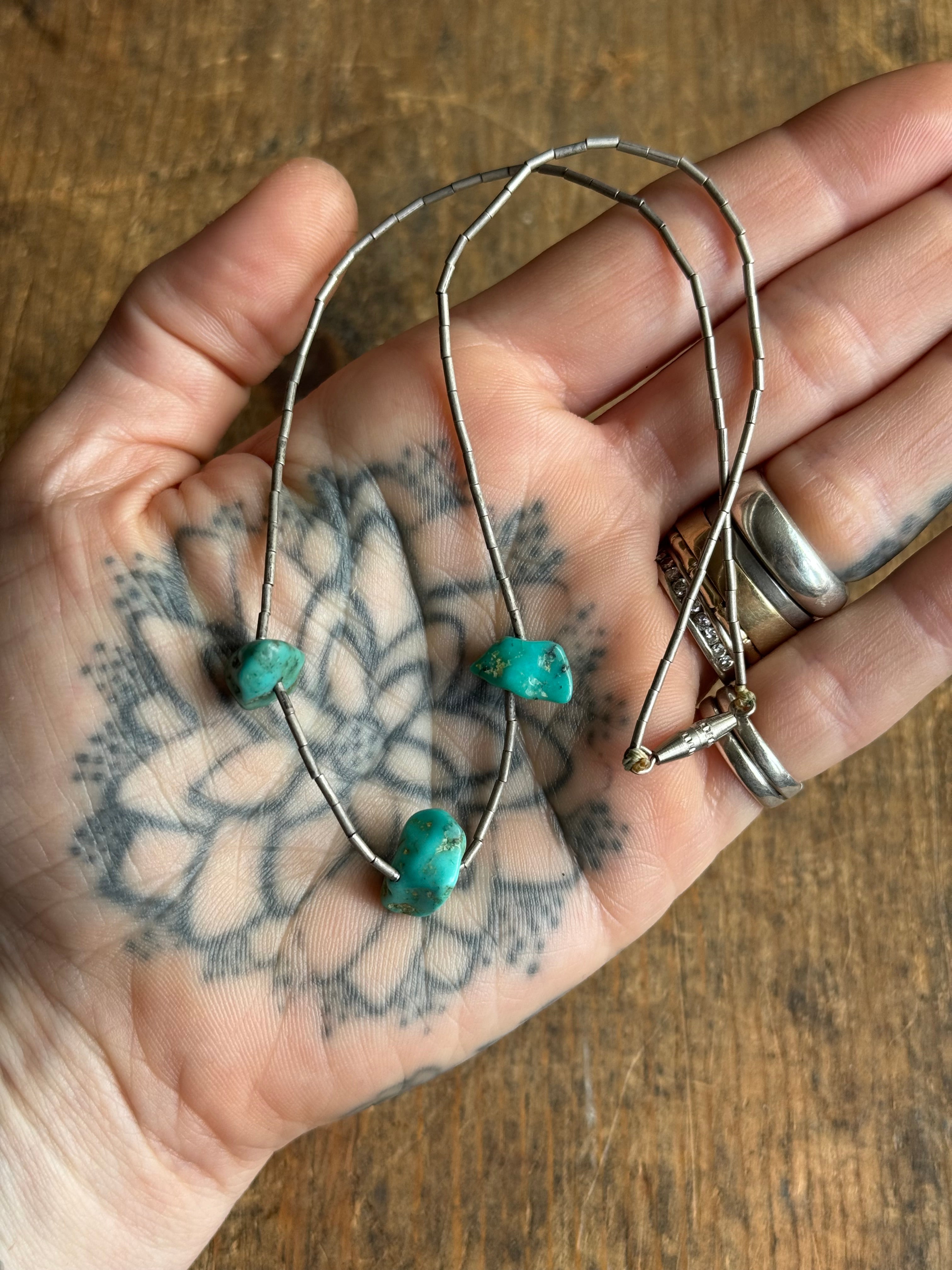 Vintage Sterling Silver 15” Turquoise Liquid Silver Necklace