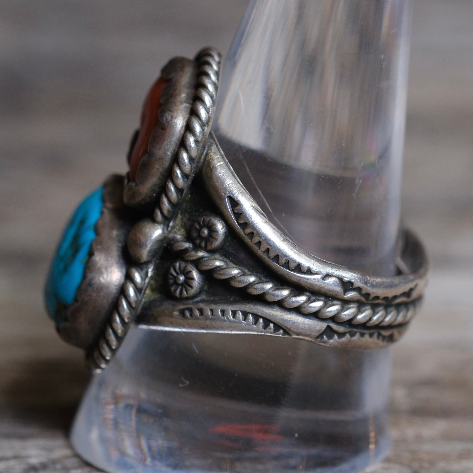 Vintage Sterling Turquoise and Coral Roper Ring 10.75