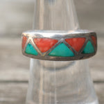 Vintage Sterling Turquoise and Coral Inlay Ring 7