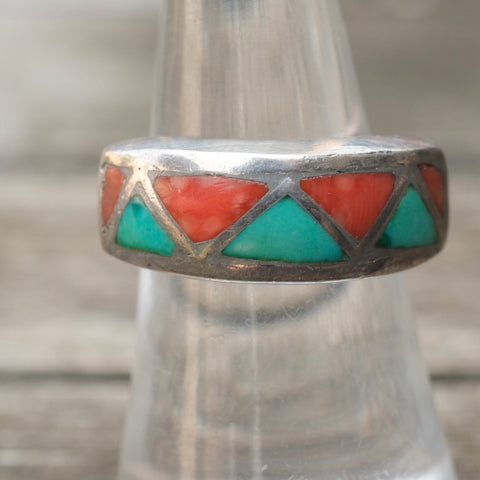 Vintage Sterling Turquoise and Coral Inlay Ring 7