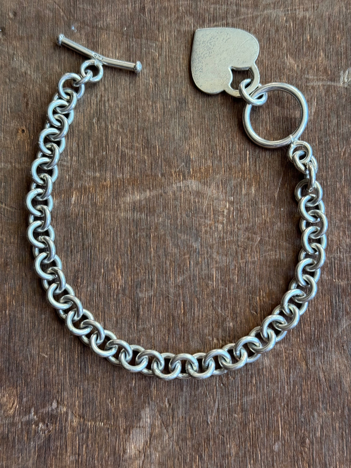 Vintage Sterling Silver 7.75” Heart Tag Cable Toggle Chain