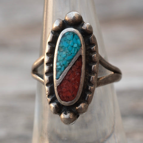 Vintage Sterling Turquoise and Coral Inlay Ring 6.25