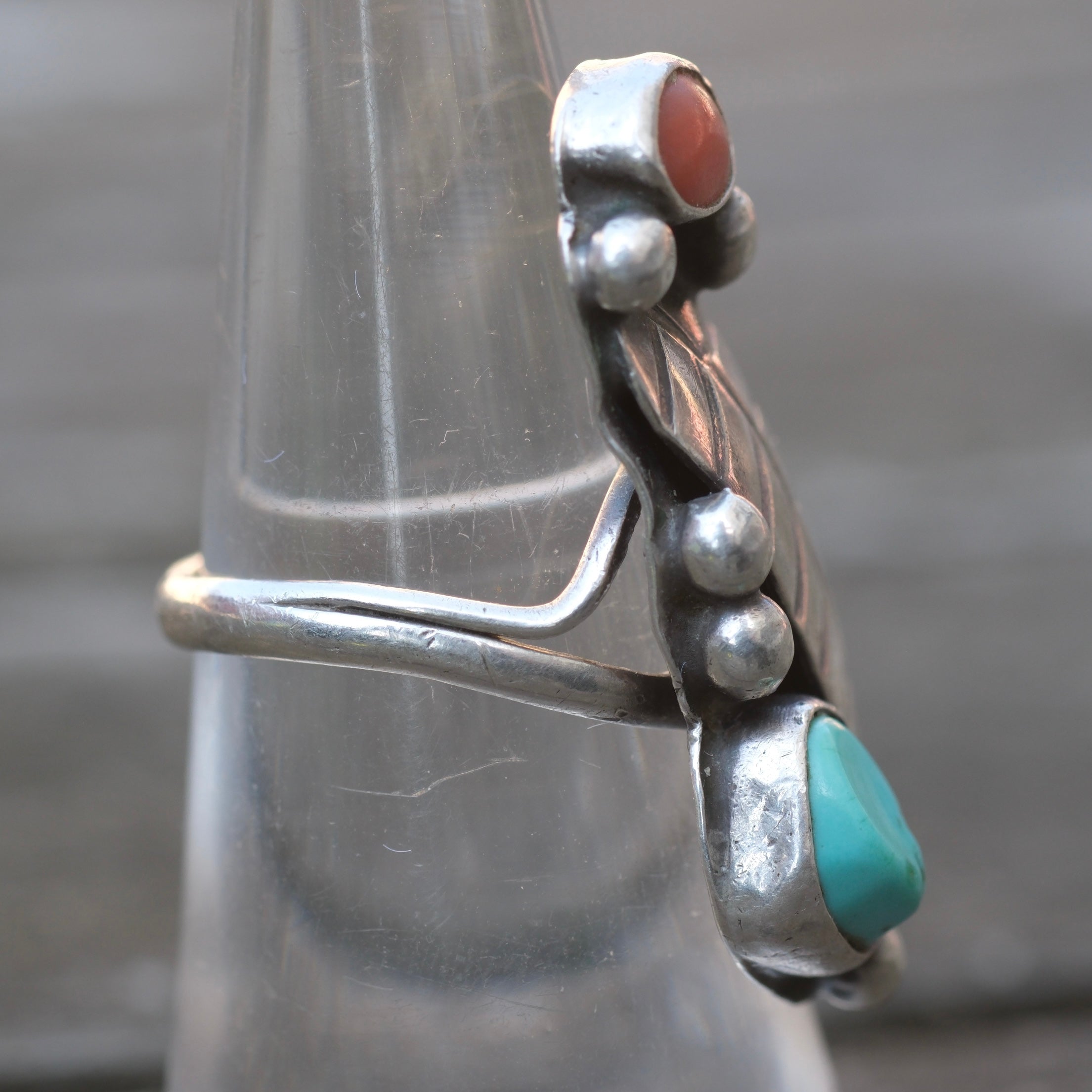 Vintage Sterling Turquoise and Coral Feather Ring 5.75