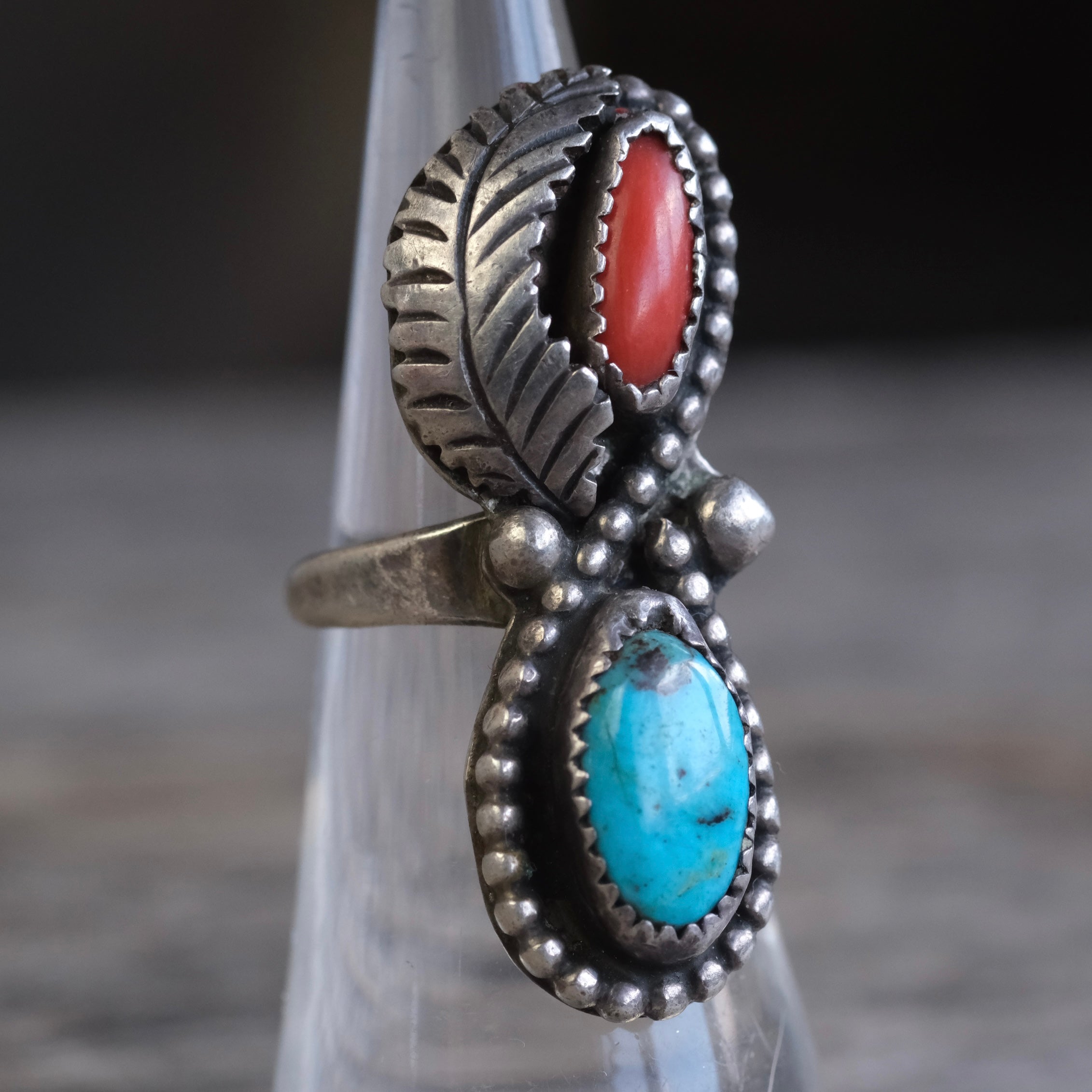 Vintage Sterling Turquoise and Coral Feather Ring 5.5