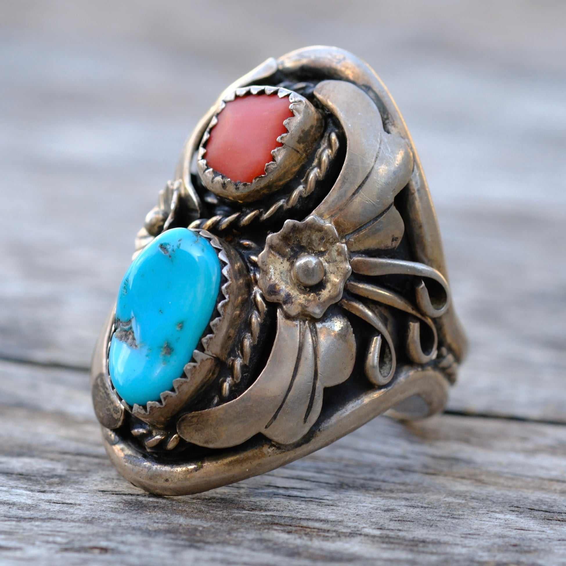 Vintage Sterling Turquoise and Coral Ring 10