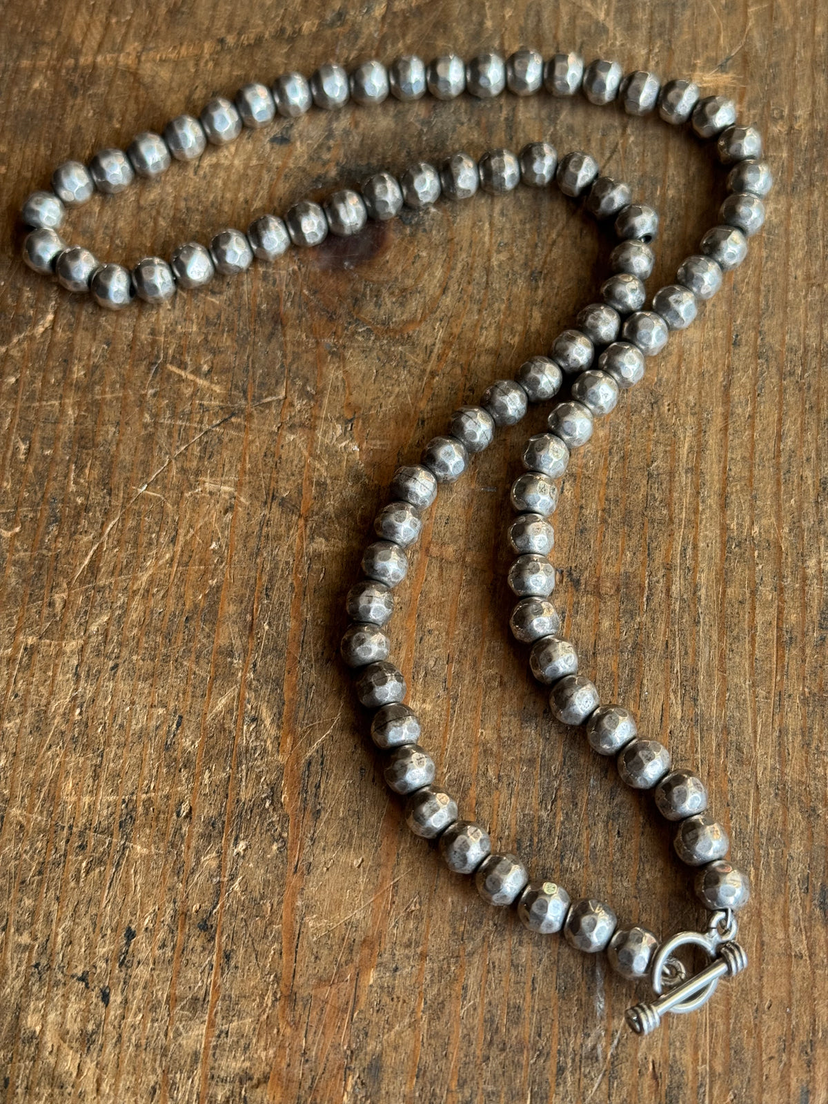 Vintage Sterling Silver 21” Hammered Bead Toggle Chain