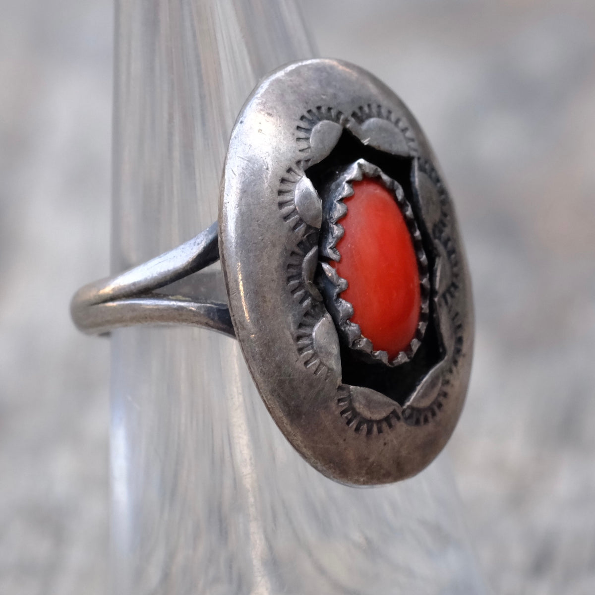 Vintage Sterling Coral Shadowbox Ring 5.75