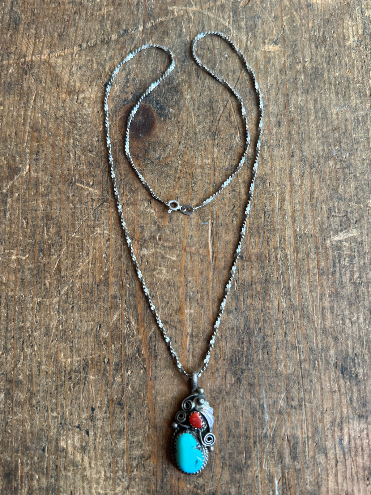 Vintage Sterling Silver Coral & Turquoise Fan Necklace