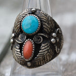 Vintage Sterling Turquoise and Coral Feather Ring 9.25