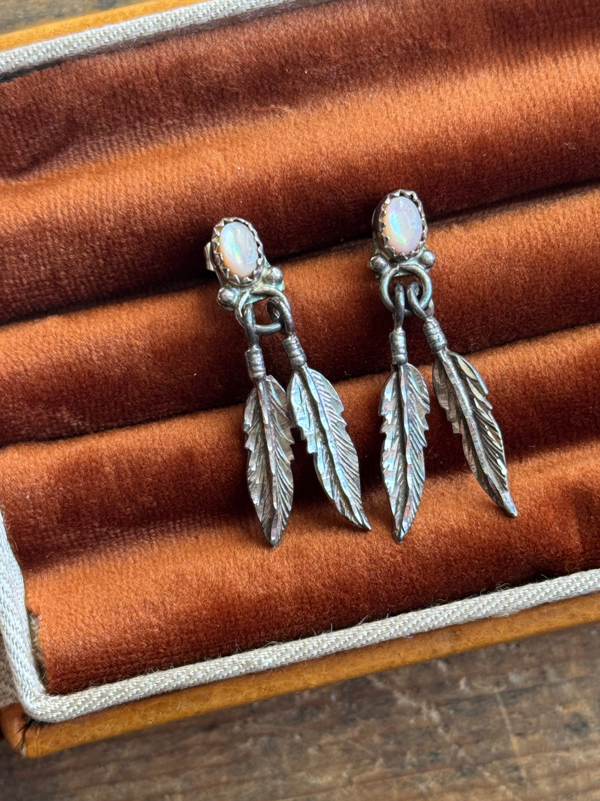 Vintage Sterling Silver Mother of Pearl Feather Earrings