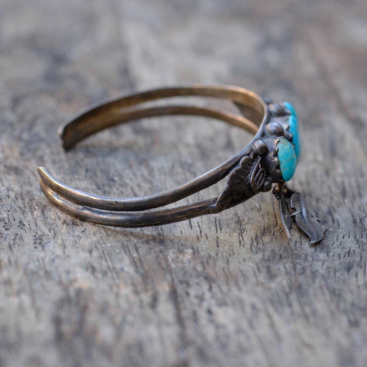 Vintage Sterling Turquoise Feather Cuff Bracelet